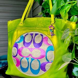 IRIDESCENT Neon Green Leather Large Coach Julia Purse